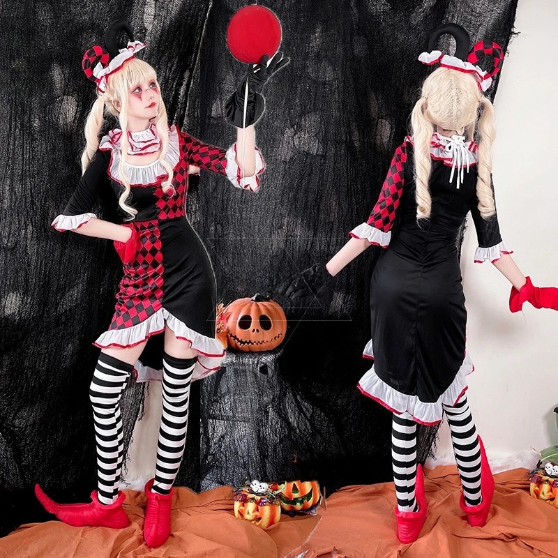 2025 halloween adulto palhaço terno circo poker cosplay traje masquerade bola palco festa traje boate meados de manga vestido conjunto