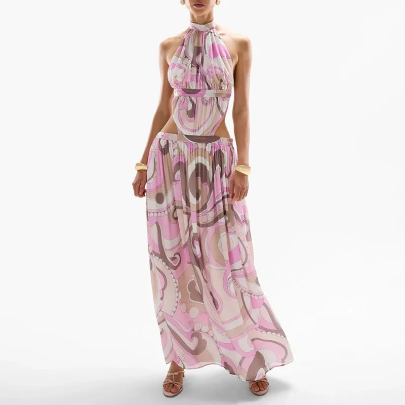 Letnia Długa Sukienka Jednoczęściowa Wzorzysta Suknia Halter Eleganckie Sukienki na Imprezę 2025 Sexy Bez Pleców Łączona Ażurowa Plisowana Sukienka Boho