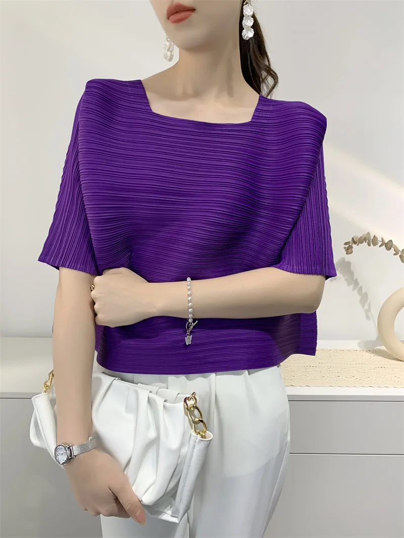 Miyake Summer New Pleated Top Square Neck Five Sleeve T-Shirt Fashion Casual Design Sense