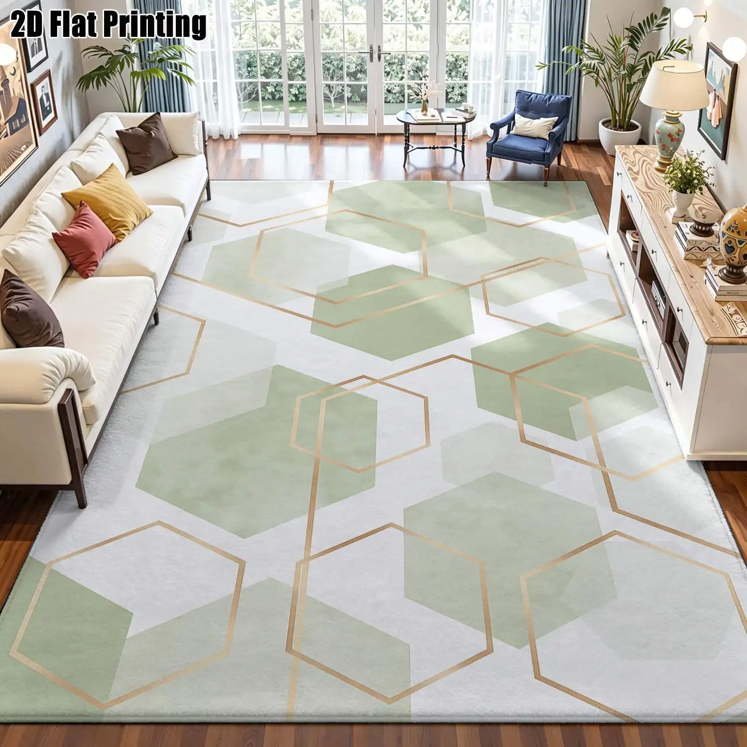 1Pc 2D Printed Carpet: Fresh Green White Geometric Nordic/Instagram Modern Simple Style, Multi-Size Machine Washable Floor Mat for Entrance Dining Foyer Bedroom Living Room Home Decor
