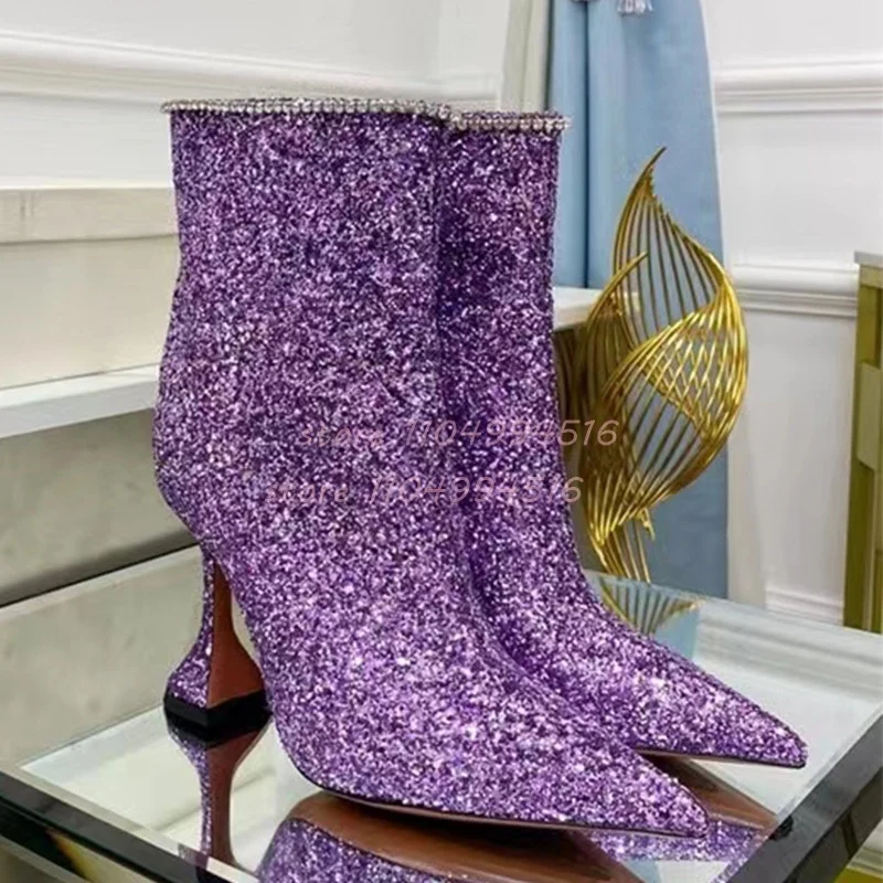 Blue Glitter Crystal Wine Glass Heel Ankle Boots Women Slip On Thin High Heel Short Boots Fashion Trendy Party Catwalk Lady Shoe