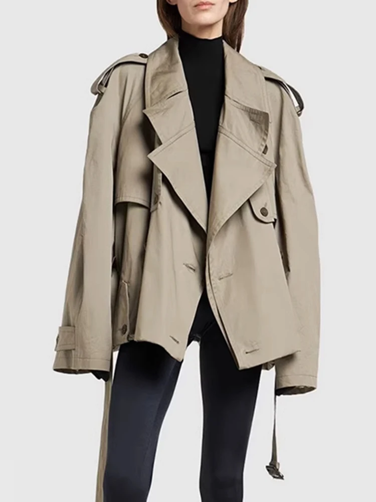 

Модный женский хлопковый тренч с отложным воротником, рукавами реглан, двубортный, однотонный, короткий плащ-ветровка, осень 2026