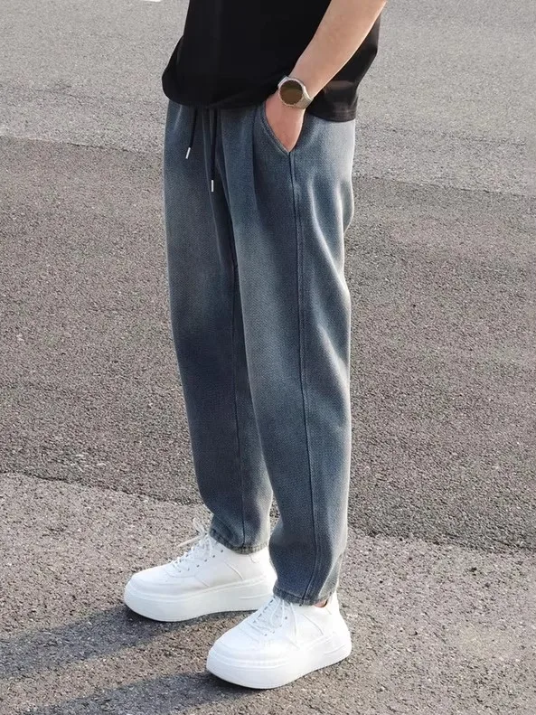 

Autumn Winter Fce Lined Waed Bla Denim Sweatpants Loose Straight Leg Men's Jeans Casual Comfortable Cotton Trousers