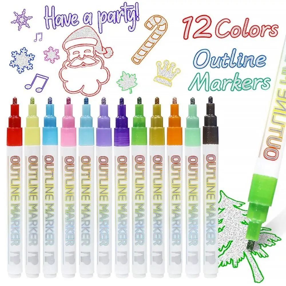 

8/12 Pcs Glitter Double Line Outline Art Pen Marker Pen DIY Graffiti Outline Marker Pen Highlighter Scrapbook Diary Poster Card