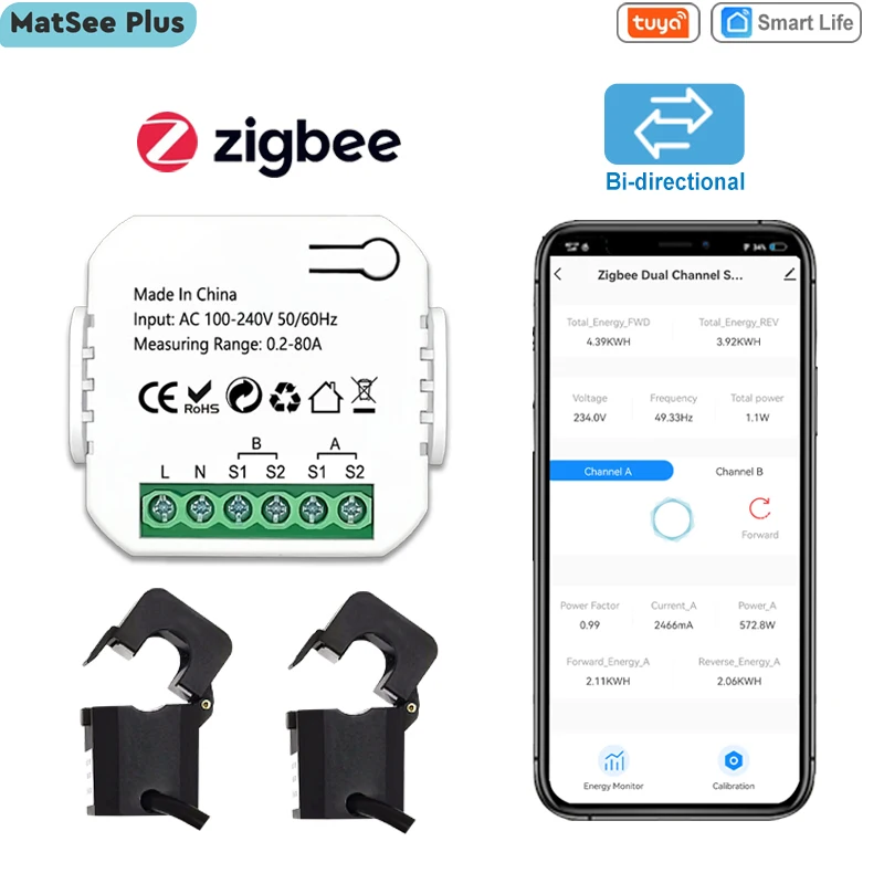 

ZigBee Energy Meter Bidirectional 1, 2 Channel with Current Sensor Tuya Smart App Monitor Power 80A 110V/240V Gateway Required