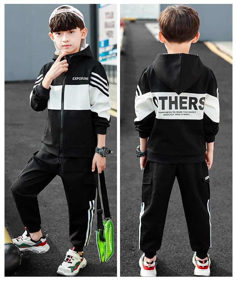 2024 autumn Child Tracksuit Hooded Clothes Boys Sport Suit Teen Kids Cotton zipper Hoodies jacket + striped Pants 5 8 10 12 year