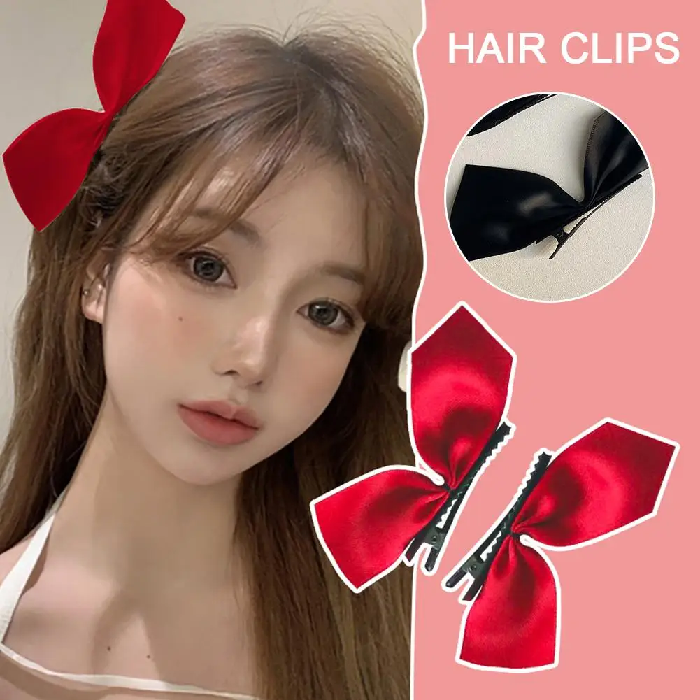 2PCS Sweet Bows Hairpins Solid Color Bowknot Hair Clips For Girls Satin Butterfly Barrettes Duckbill Clip Hair Accessory Lolita