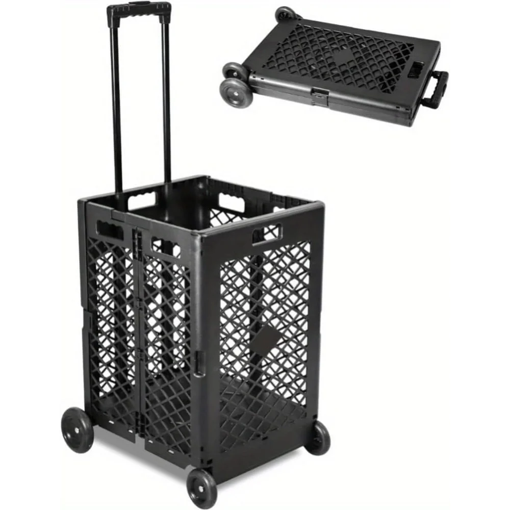 

Durable Portable Shopping Cart with Telescopic Handle, Foldable Rolling Crate with Lid & Wheels, Ideal for Books, Laundry