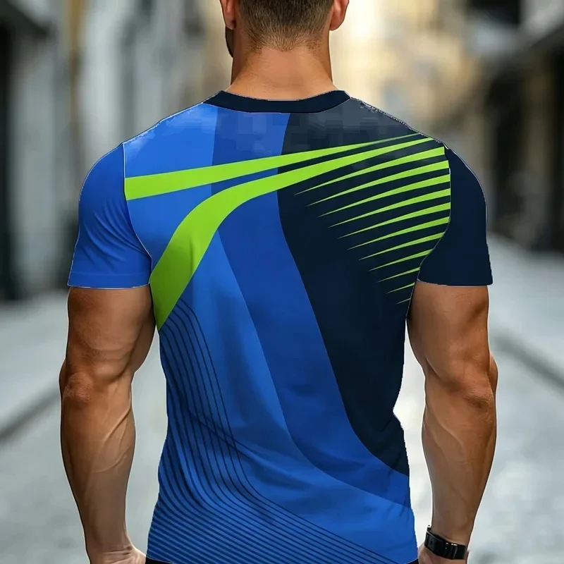Men's Quick Dry Sports T Shirt Gradient Blue Green Printed Short Sleeve Breathable Training Gym Tee Summer Activewear