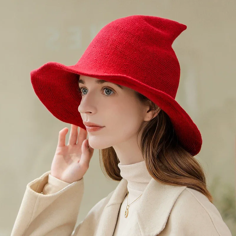 women modern witch hat men Along the sheep wool cap knitting fisherman hat Female fashion witch pointed basin bucket hat