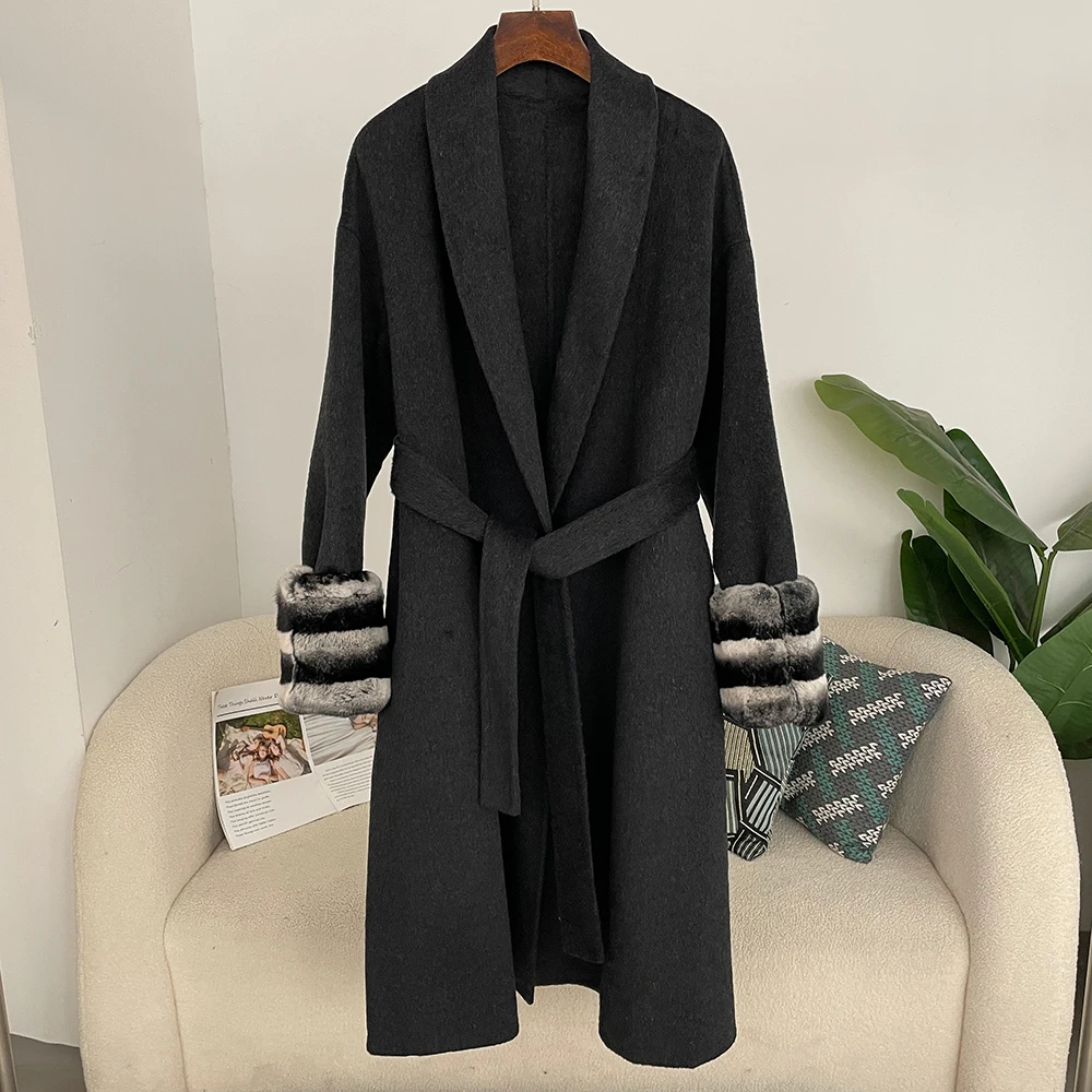 

Шерстяное пальто OFTBUY: Весенняя женская куртка из смесовой шерсти, оверсайз, осеннее женское пальто с манжетами из натурального меха кролика рекс