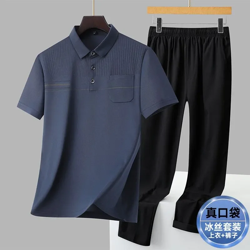 Men's Polo Shirt And Pants Set Summer Casual Sports Outfit For Middle Aged And Elderly Quick Dry Short Sleeve With Pocket view 3