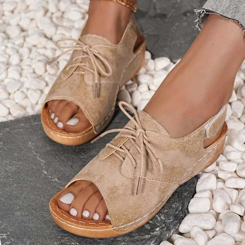 

Summer Platform Retro Sandals Indoor Outdoor Slippers Strap Wedge Peep Toe Elegant Soft Heeled Slides Sandalias De Mujer