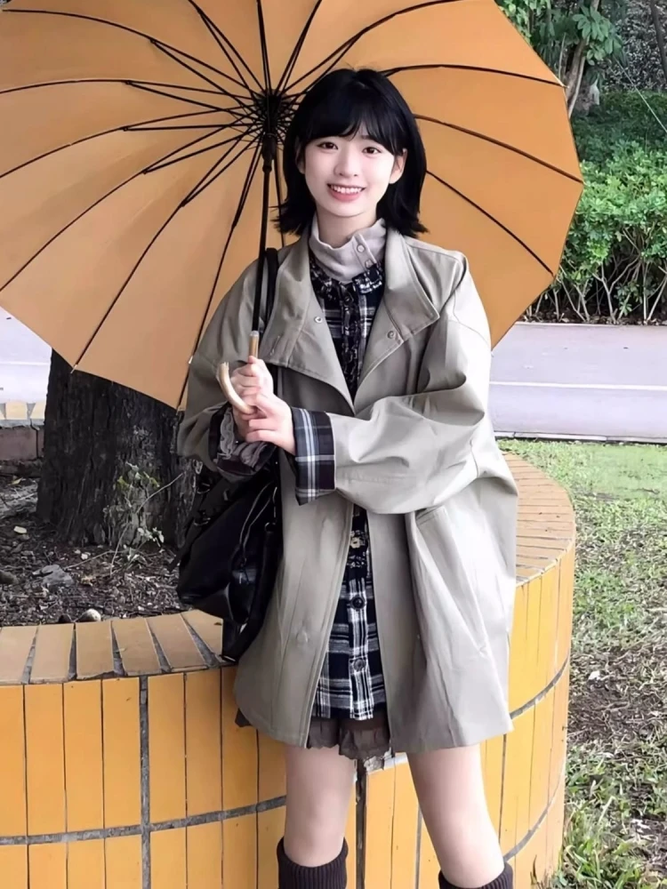 

Женская ветровка в британском стиле, осенняя новинка, модное молодежное пальто с длинными рукавами и воротником-стойкой