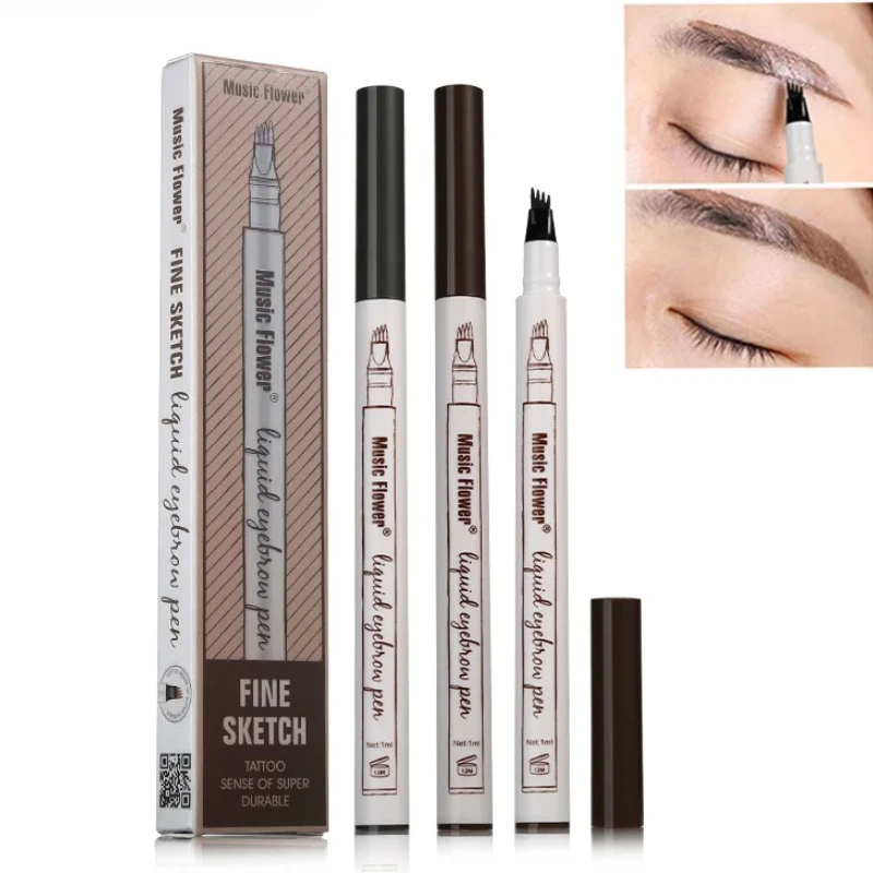 Musica Fiore Trucco di marca 4 colori Schizzo fine Matita per sopracciglia liquida Tatuaggio impermeabile Penna per sopracciglia super resistente a prova di sbavature