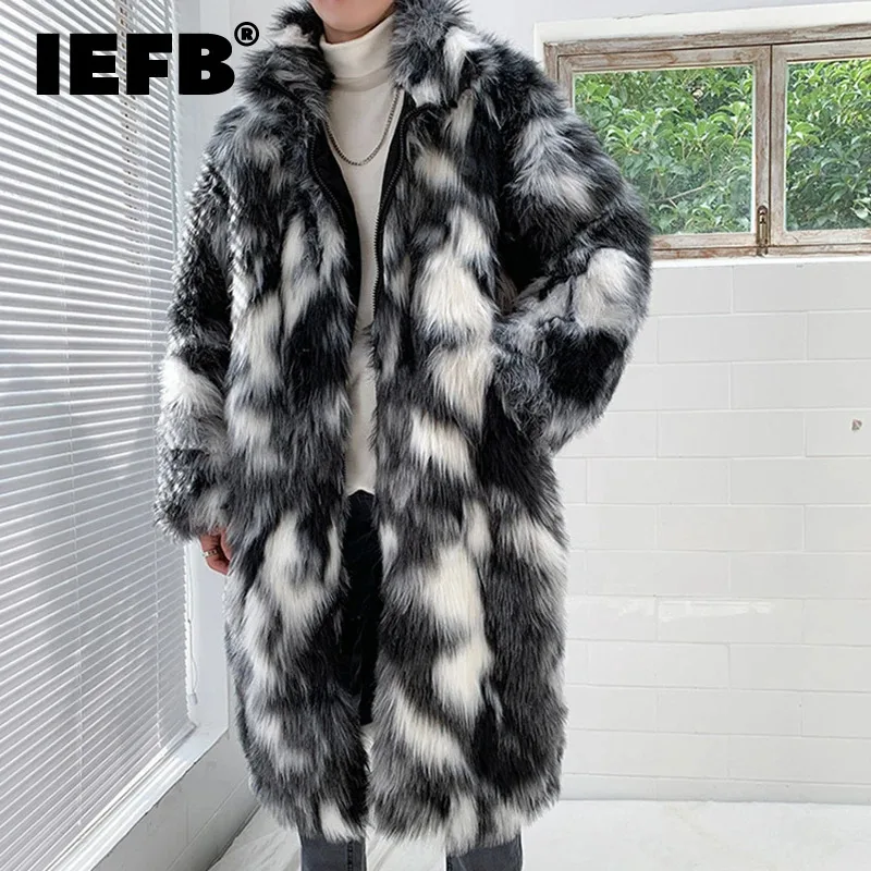 IEFB Men\'s Long Coat Wear New Trendy Faux Fur Cotton-padded Contrast Color Windproof Cloak Hip Hop Trendy  Winter Trend 9Y358