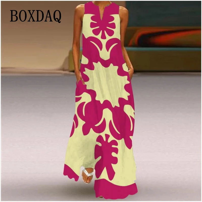 Summer Long Dress Women Sleeveless Loose V-neck Elegant Dresses Casual Party Painting 3D Print Vintage Chinese Style Dress Robe