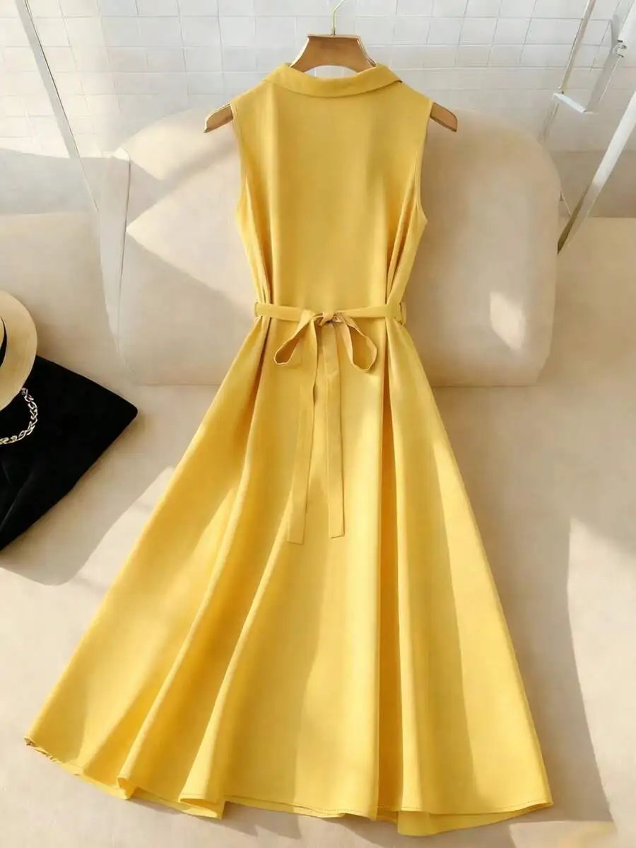 

Sleeveless Yellow Shirt Dress With Belt, Mid-Length Casual Elegant Dress For Women
