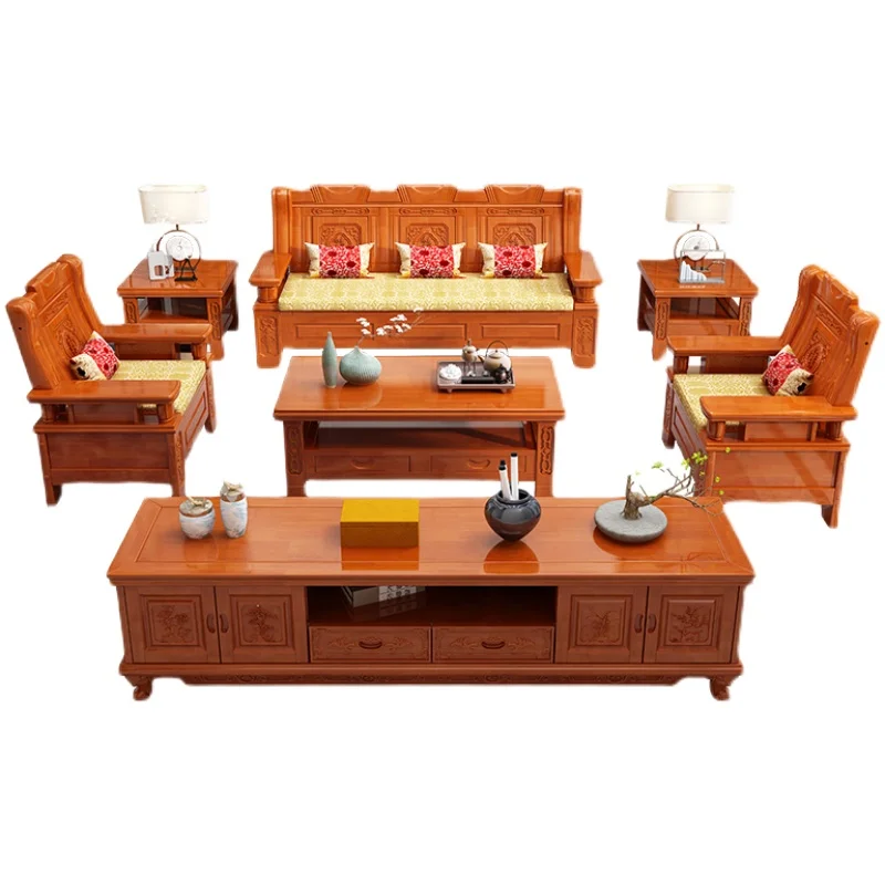 

Chinese Solid Wood Sofa and Tea Table Combination Living Room Office Carved Three-Seat Wooden