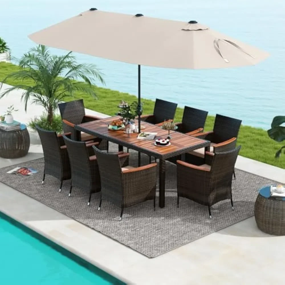 

11 Pcs Patio Rattan Dining Set with 15Ft Double-Sided Umbrella, Heavy Duty Acacia Wood Table and Stackable Wicker Chairs Set