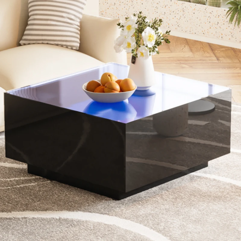 ON-TREND Square High Glossy Coffee Table with 16-color LED Strip Lights, Modern Center Table with 5mm Frosted Tempered Glass Top