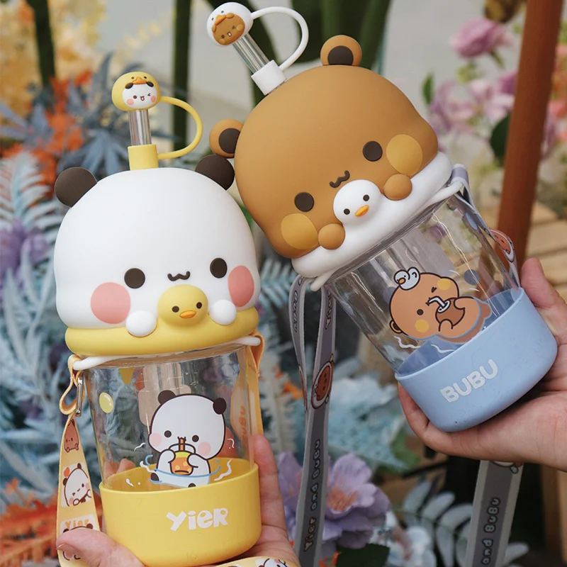 

Соломенная чашка Cute Panda Yier и Bubu, пластиковая небьющаяся бутылка для воды Tritan, летний портативный стакан для занятий спортом на открытом воздухе, путешествий