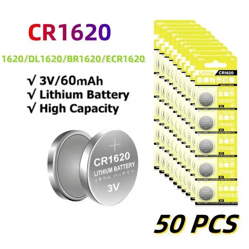 50PCS CR1620 Battery Button DL1620 BR1620 Battery for Watch Car Remote Control Calculator Shavers Lithium Coin Cell