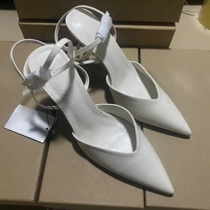 

Брендовые белые элегантные офисные женские туфли с ремешком на щиколотке, пикантные летние универсальные современные сандалии с острым носком, модный дизайн, большие размеры