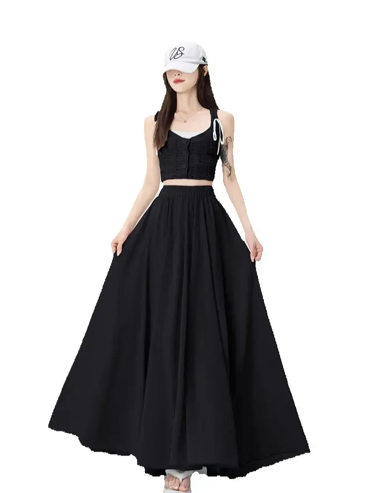 Chiffon midi skirt for women in summer, elastic and high waisted, slimming and drooping, A-line large swing long skirt