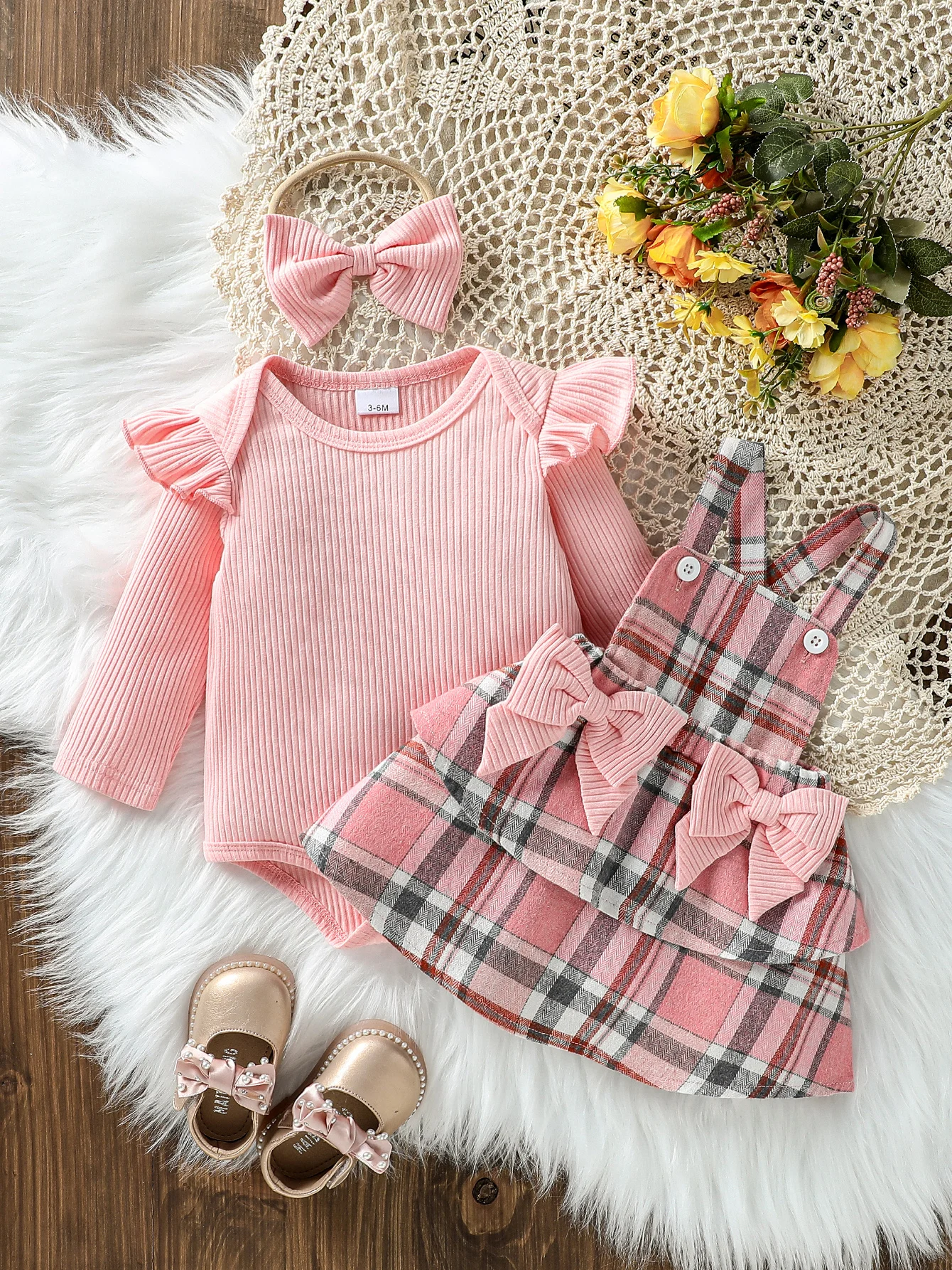 

2Pcs Baby Girls Spring Autumn Clothes Long Sleeves Solid Romper with Plaid Suspender Skirt Set Infant Birthday Party Outfit