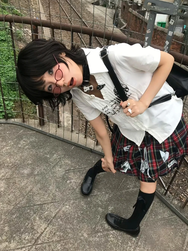 Y2k japonês com decote em v camisa fina moda feminina manga curta camisetas impressão harajuku vintage americano retro 90s casual topos verão