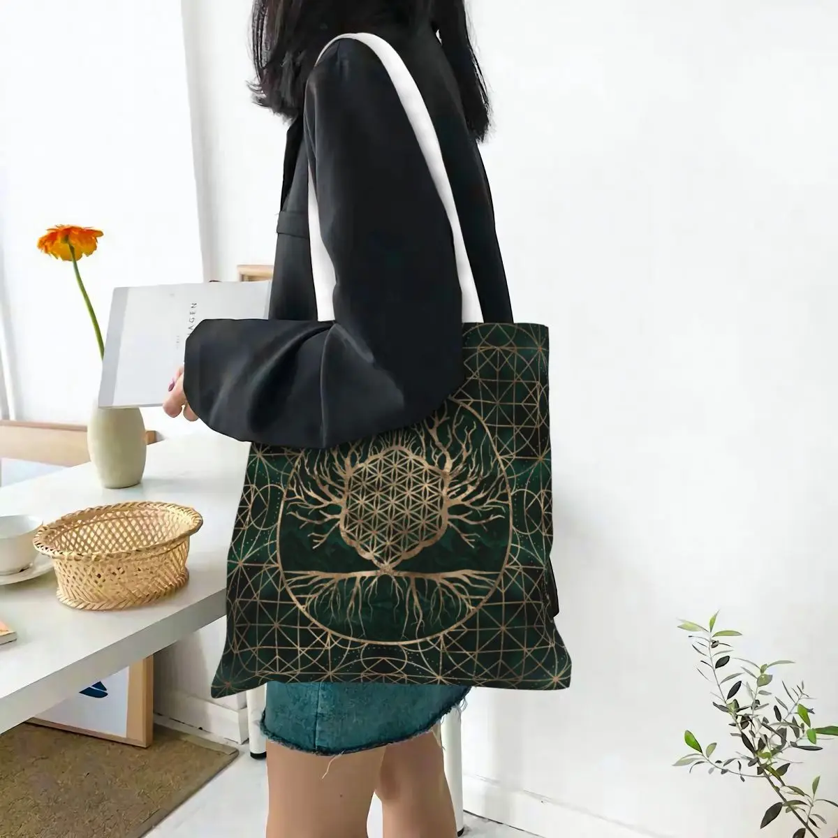 Flower Of Life In Tree Malachine And Gold Canvas Tote Bag Aesthetic Large Capacity Shopping Bags for Women Men