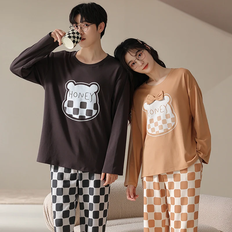 Leisure home set for couples all cotton pajamas long sleeved round neck pullover men's and women's spring and autumn pajamas