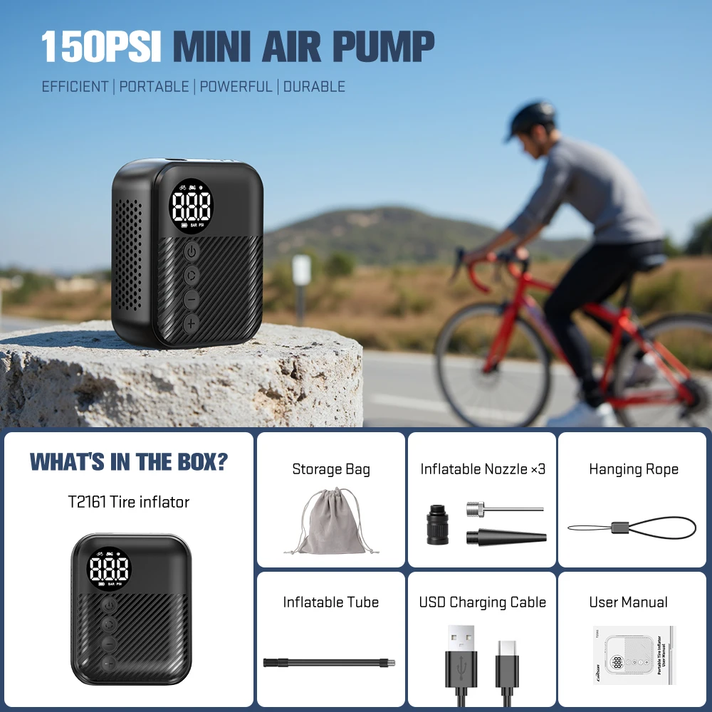 Carsun Mini Rechargeable Air Pump: Portable Digital Display Compressor for Motorcycle, Bicycle & Balls