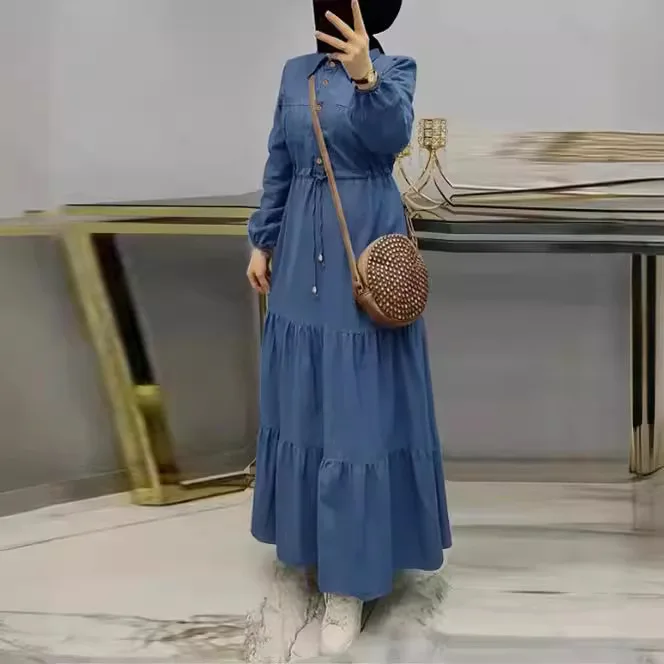 

Новое мусульманское модное длинное платье, плиссированное джинсовое платье, Ближневосточное Дубайское женское платье из абая, платья больших размеров