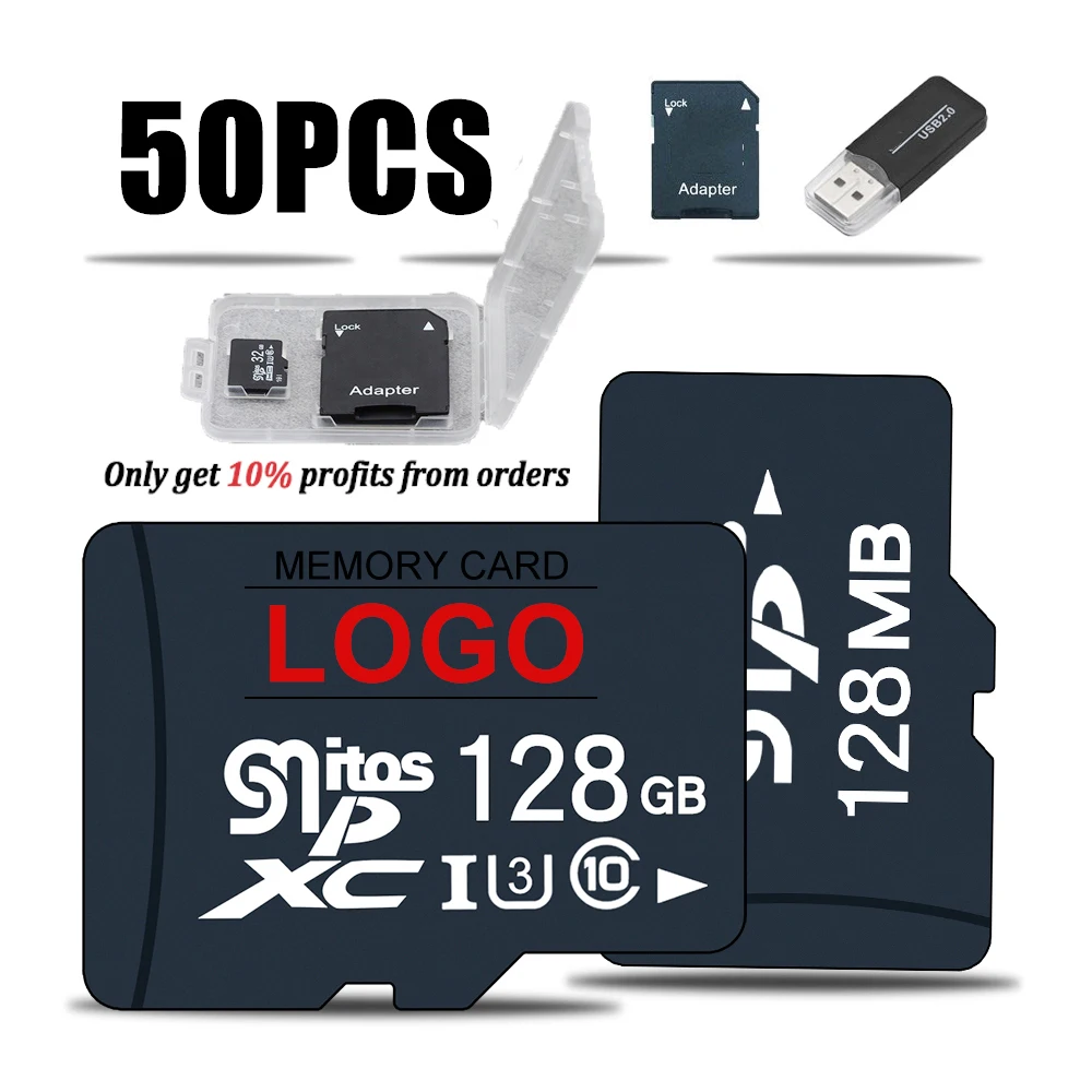 50PCS TF Card Class10 Custom LOGO 128GB 256GB cartao de 32GB 64GB 16G SD Card 8G 4GB 2GB Flash Memory Card for Digital Devices