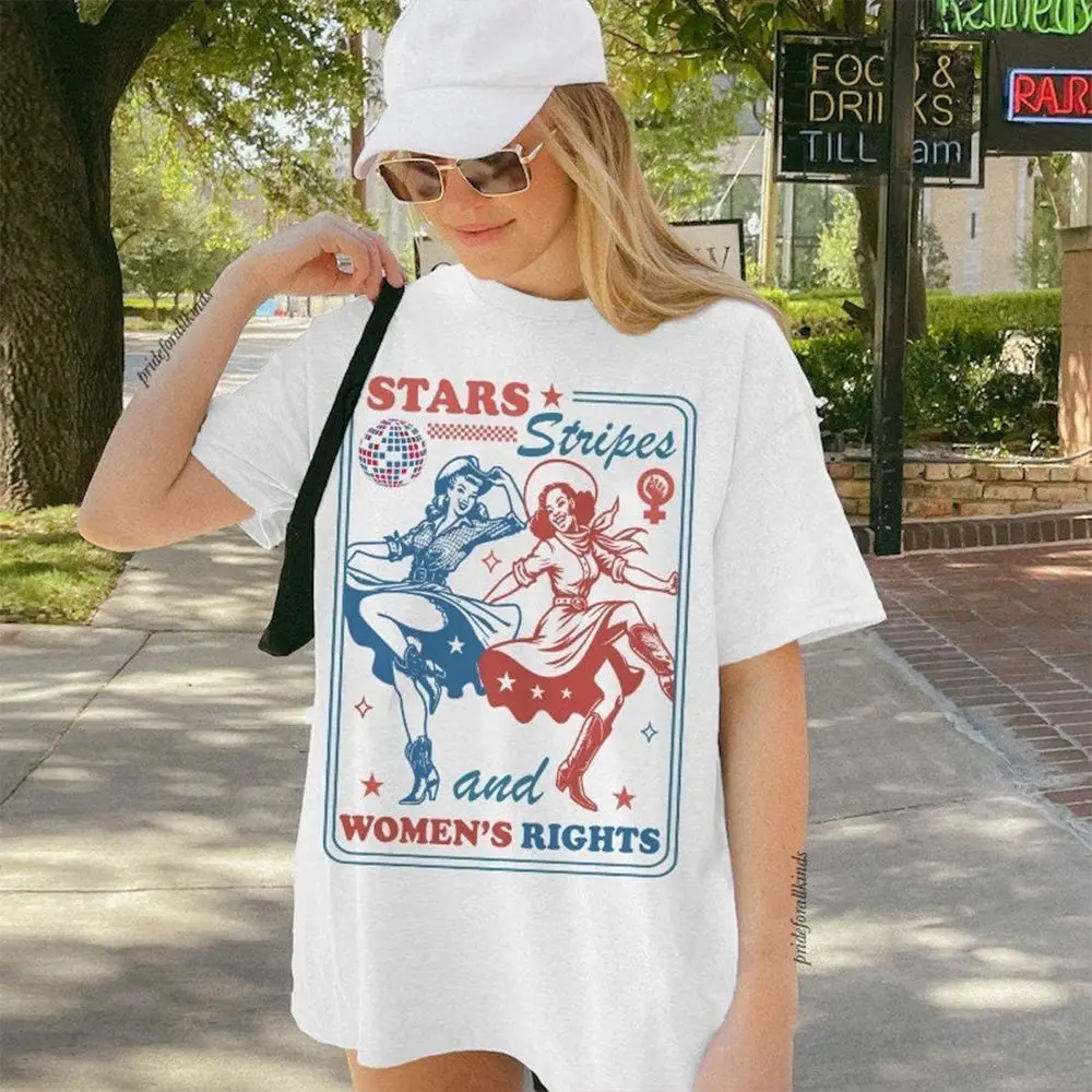 

Women Oversize Cotton Round Neck Shirt Stars Stripes and Women Rights Reproductive Rights Fantasy Apparel Y2K Summer Casual Top