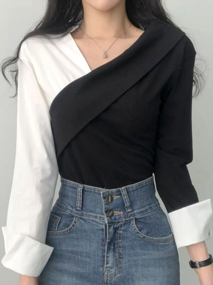 Spring Chic Color Blo Long Sve irt Women's Top Irregular Design Sense Fake Two-Piece Sle Faionable Office Wear