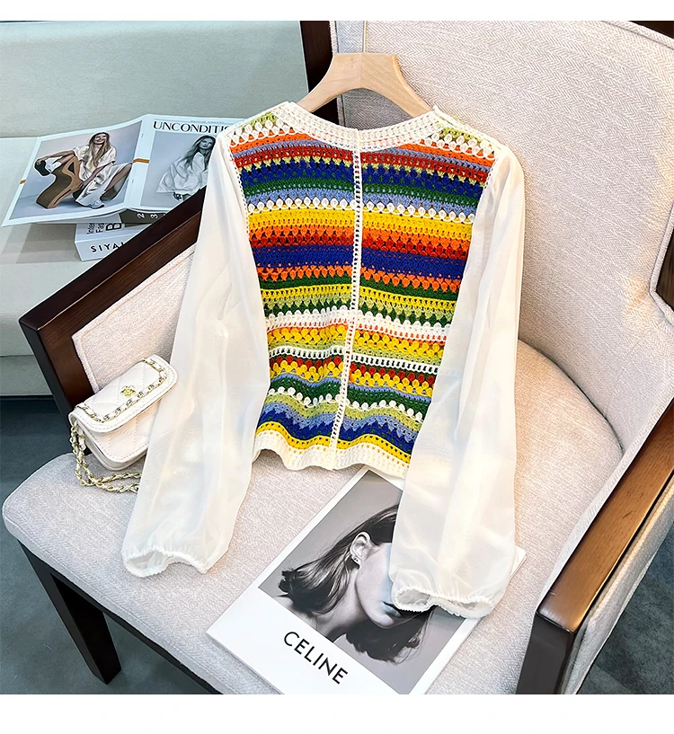 Summer Long Sleeve Crochet Knit Top Rainbow Striped Sheer Open-knit Shirts Woman Blouses Fairycore Cottagecore Outfit