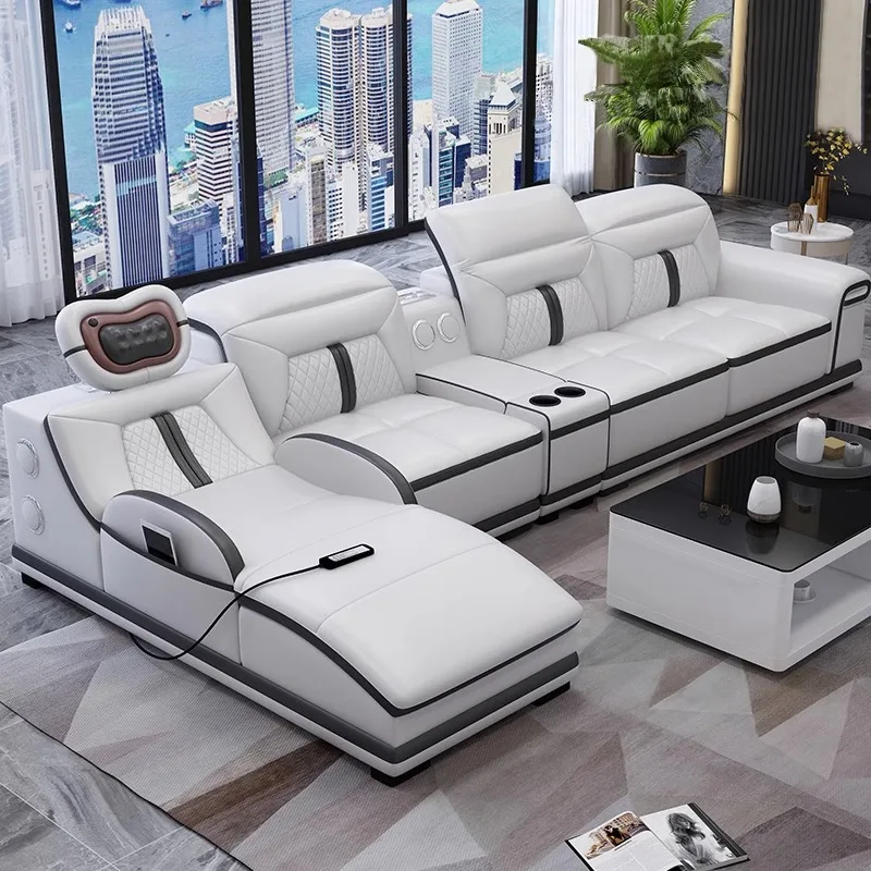 Leather sofa intelligent multi-functional sofa large apartment modern simple corner