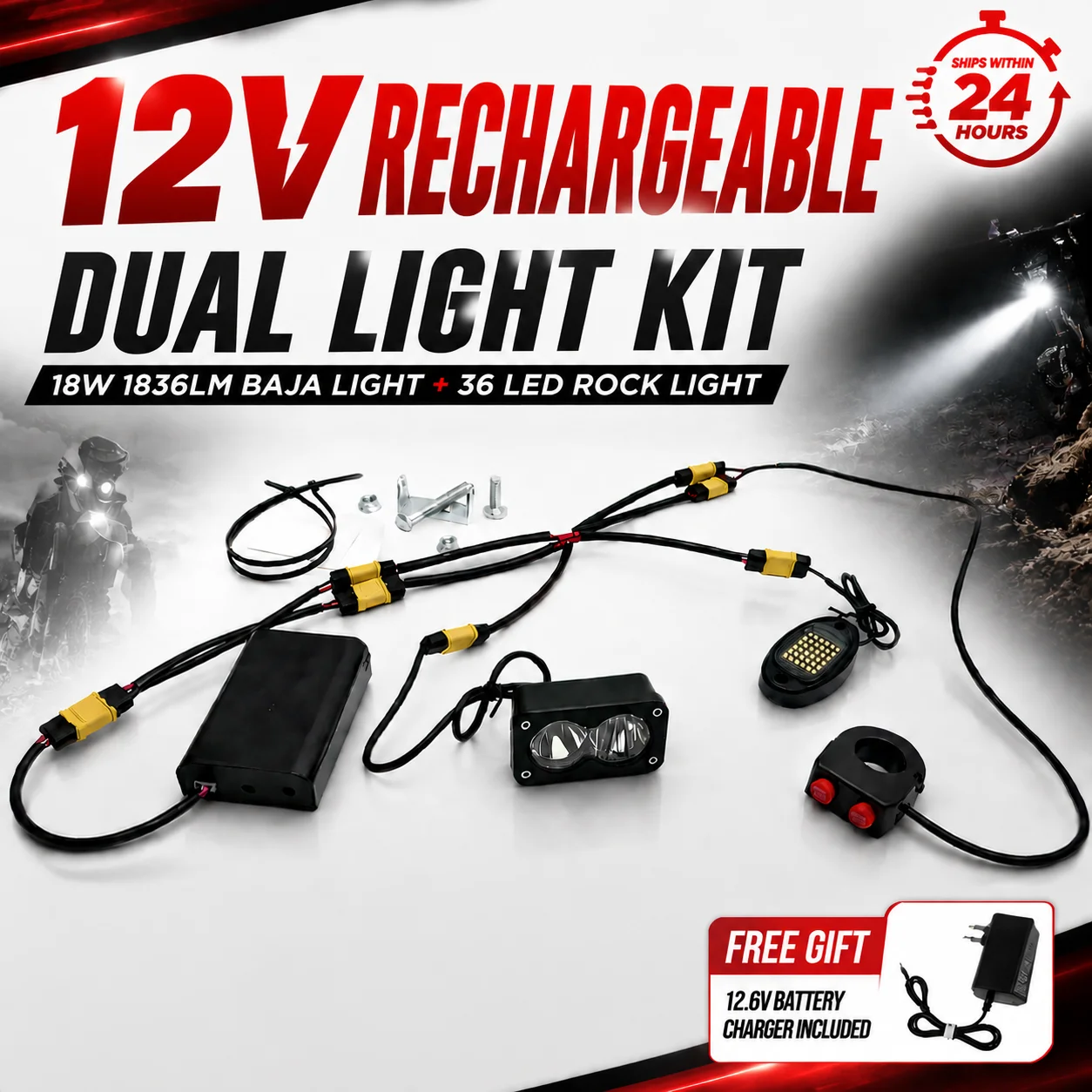 Dream Car Wintai 12V Rechargeable Battery Pack Front Dual Light Kit 18W 1836LM LED Headlamp 36 LED XT60 Connector ATV UTV Dirt B