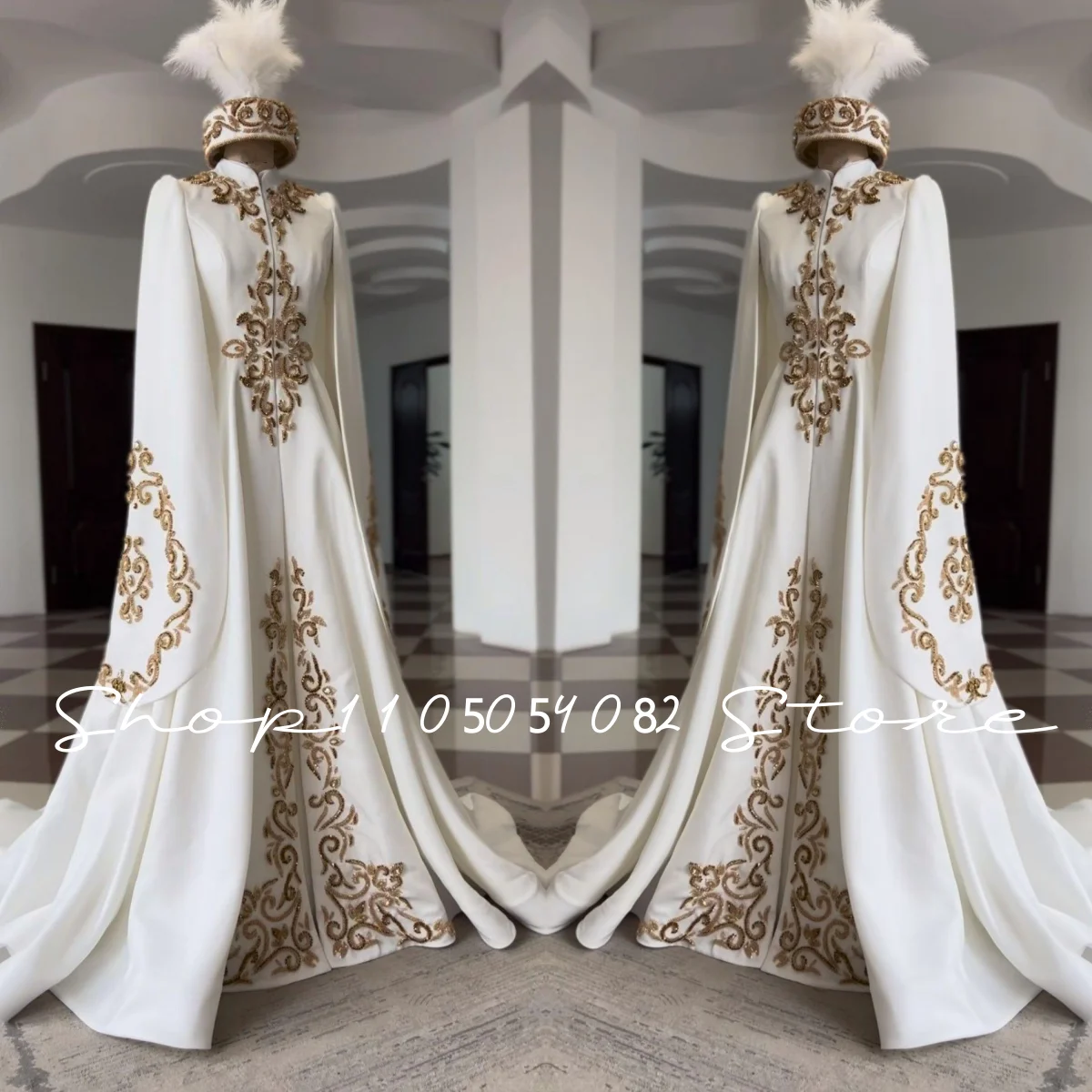 Maßgeschneiderte weiße algerische formelle Abendkleider, Kaftan, hoher Kragen, lange Ärmel, goldene Stickerei, luxuriöses traditionelles Ballkleid