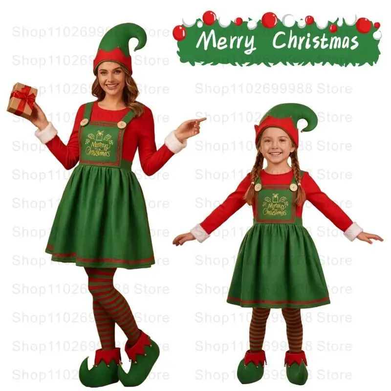 أزياء سانتا كلوز اللطيفة لعام 2025 للنساء والفتيات ملابس عائلية متطابقة لعيد الميلاد ملابس قزم أحمر وأخضر مع قبعة أغطية أحذية #1