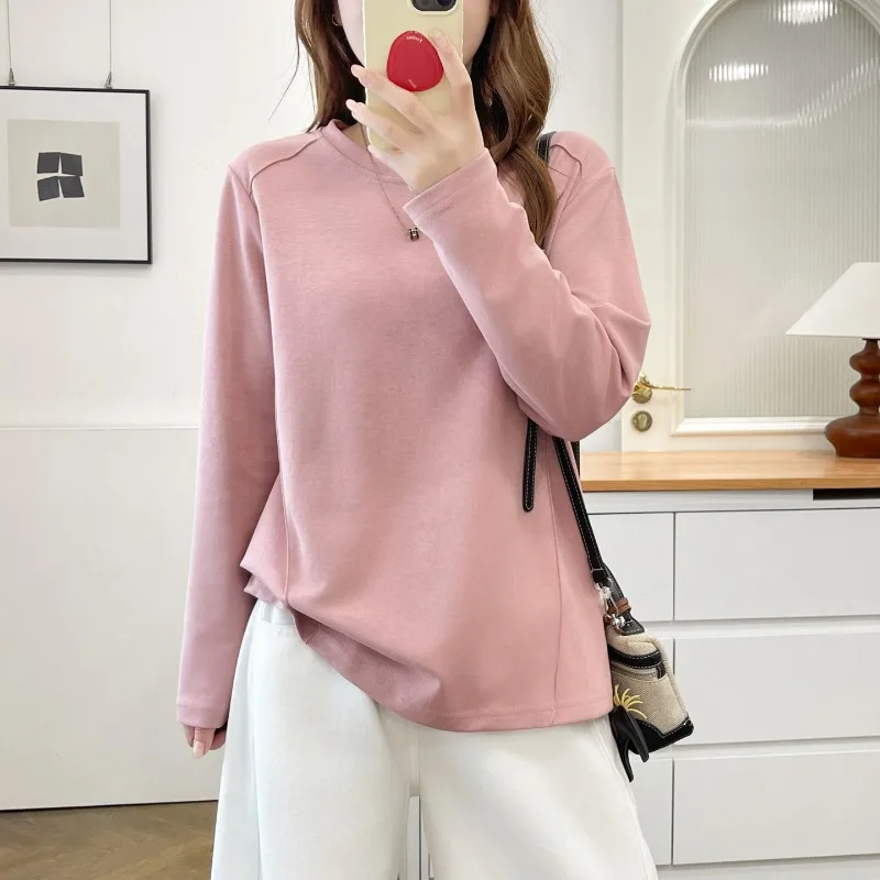 Women Long Sleeve T Shirt Autumn Minimalist Shoulder Seam Slim Hide Belly Curved Hem Casual Base Top
