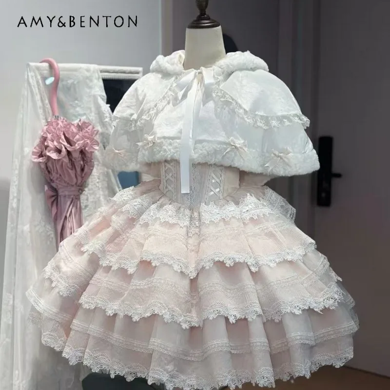 

Lolita Style Original Design Cute Bunny Ear Plush Cape Women Sweet Cute Bowknot Ruffled Shawl Short Coats Autumn Winter New