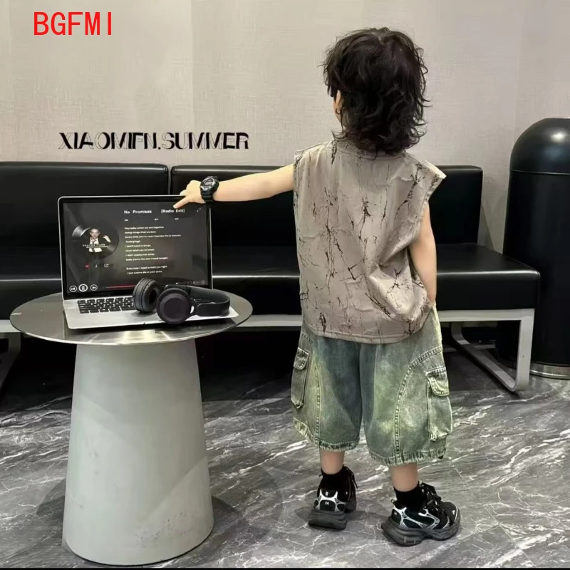 2-11Y Kids Boy New Outfit Set Korean Children's Summer Clothing Denim Shorts +Thin Tie Dye Vest Sleeveless T-shirt 2-piece Set
