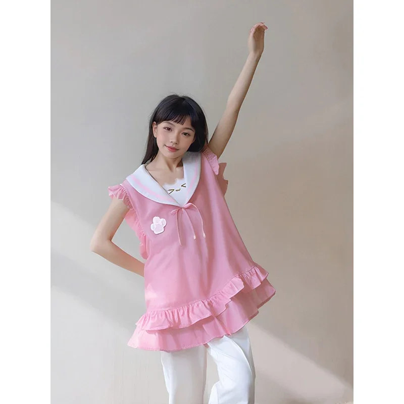 Japonês y2k roupas femininas bonito menina rosa kawaii vestidos doce colete 2025 orelhas de gato sem mangas babados vestido tanque fds3