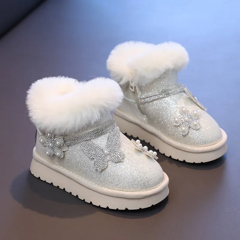 Girls Princess Boots with Thick Fur Kids Snow Boots with Flower Butterfly 2024 New Fashion Children Short Boots Side Zipper