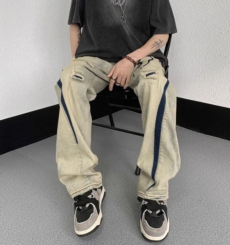 

Мужские джинсы American High Street: свободные, широкие, с эффектом потертости и грязевого окрашивания, прямые, повседневные, молодежные, модные