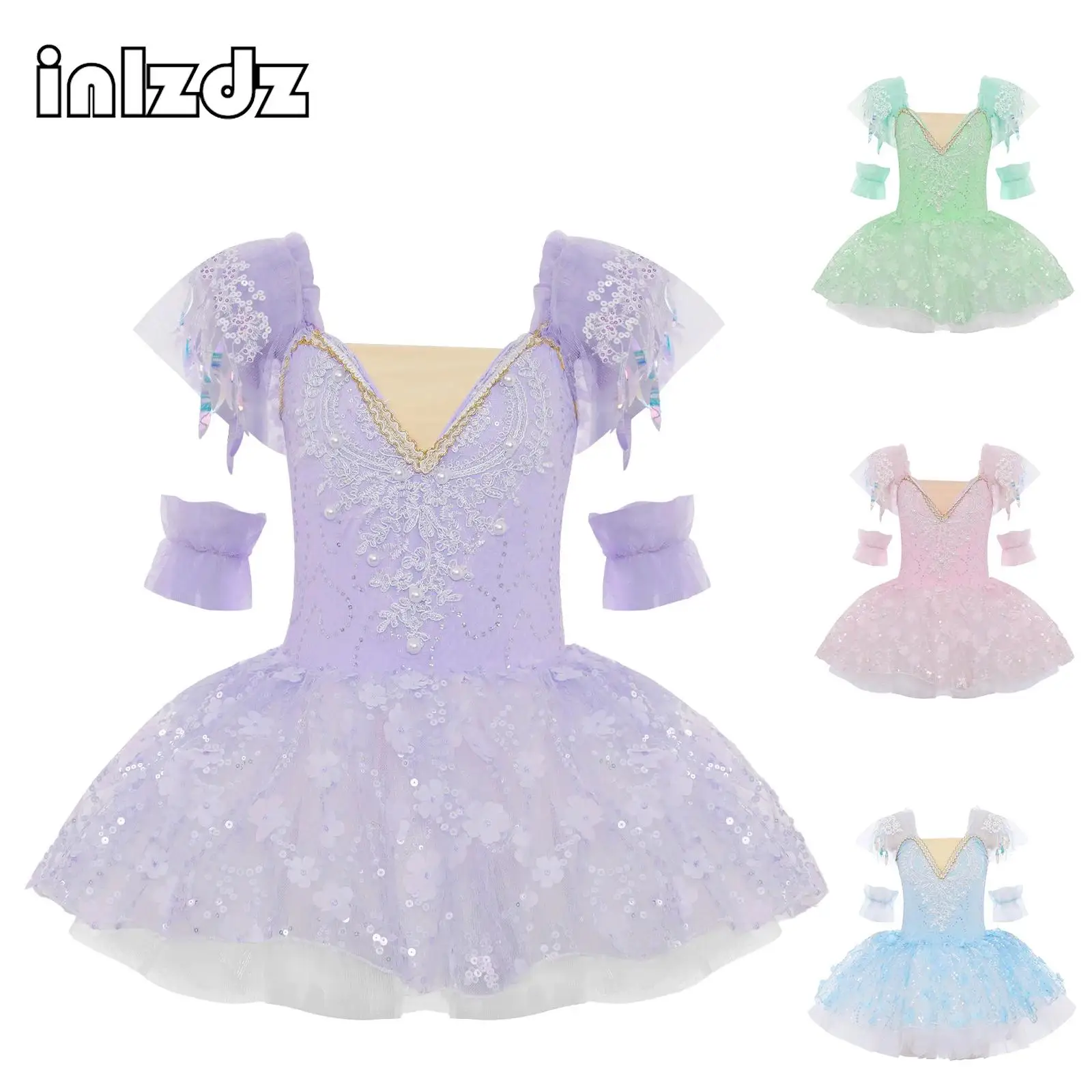 

Ballet Performance Dancewear for Girls Ruffled Sleeves Applique Bodice Sequins Floral Layered Tulle Tutu Dance Dress with Cuffs
